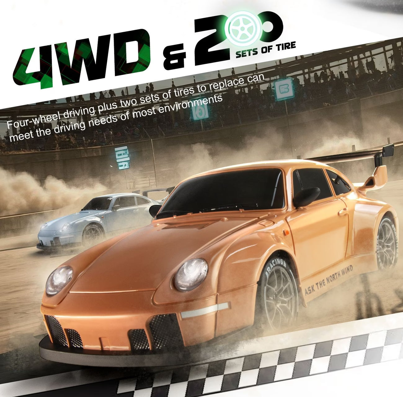 Drift RC Car 1:24 Scale – 4WD High-Speed Remote Control Racing Car with Flashing Lights, Dual Tires, USB Charging,Racing Car Toys for Boys Girls Kids Adults