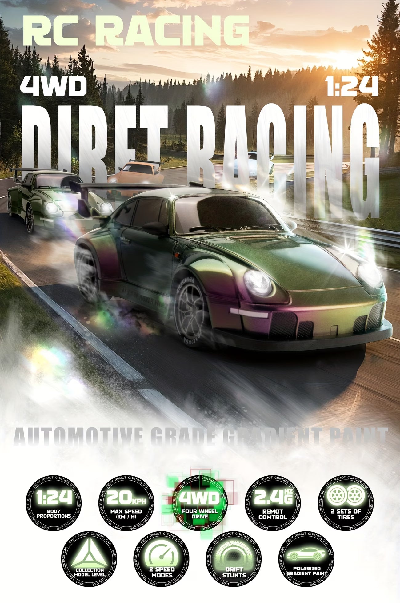 Drift RC Car 1:24 Scale – 4WD High-Speed Remote Control Racing Car with Flashing Lights, Dual Tires, USB Charging,Racing Car Toys for Boys Girls Kids Adults
