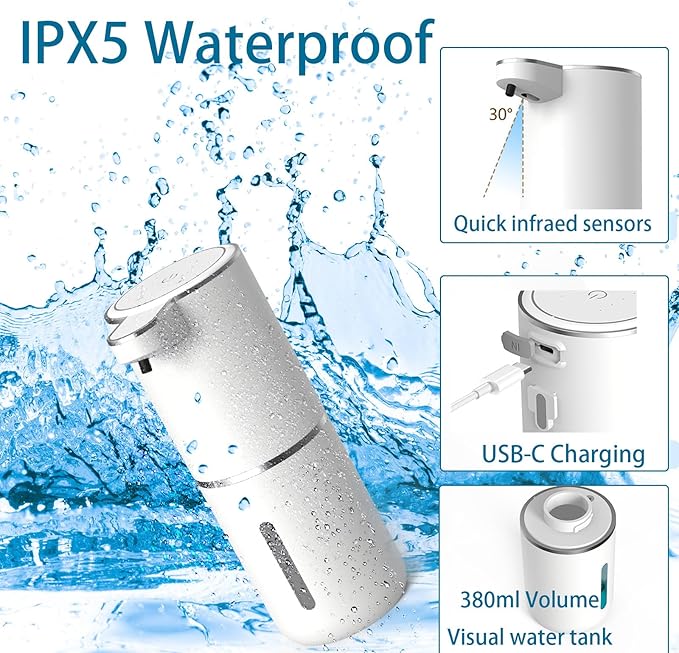 Automatic Soap Dispenser, USB Rechargeable with Infrared Motion Sensor for Bathroom, Kitchen, Office
